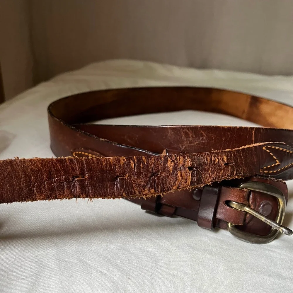 Vintage Brown Leather Ranger Belt Brass Buckle Western Distressed 1.75